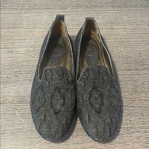 Johnston & Murphy sz 7.5 black gold metalic‎ pattern loafers leather sole